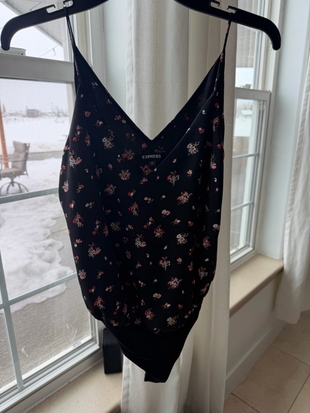 Express Black Floral V-Neck Cami with Pink & Cream Blooms